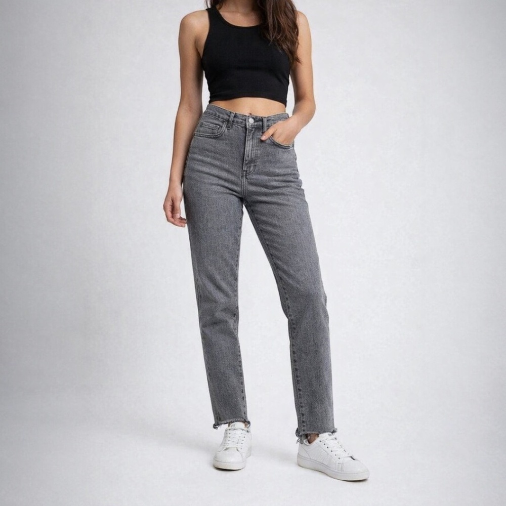 Everlane High Rise Ankle Jeans Faded Black Frayed Hem